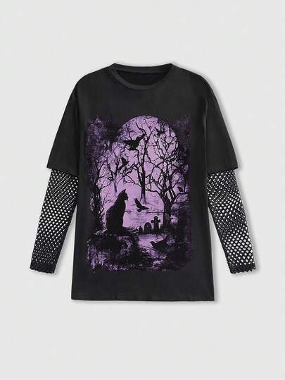 ROMWE Goth Camiseta holgada con parches de malla y estampado de gato, estilo gótico dark academia, para mujer