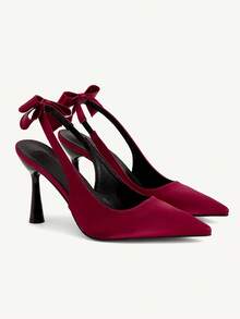 CUCCOO CHICEST 女士时尚尖头低帮细高跟后跟蝴蝶结装饰露跟优雅舒适浅口鞋，适合春秋季晚宴派对，黑色情人节款 - 酒紅色 - 查看 2