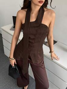 Modelyn Striped Asymmetric Single-Breasted Cinched Waist Women Top Pinstripe Top Summer Vacation - Coffee Brown - View 4