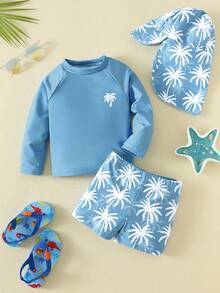 SHEIN Conjunto de 3 piezas para bebé unisex: Bañador de manga larga con protección solar y gorro con estampado de árbol de coco azul, adecuado para la playa, la piscina y las vacaciones - Neblina azul - Ver 3