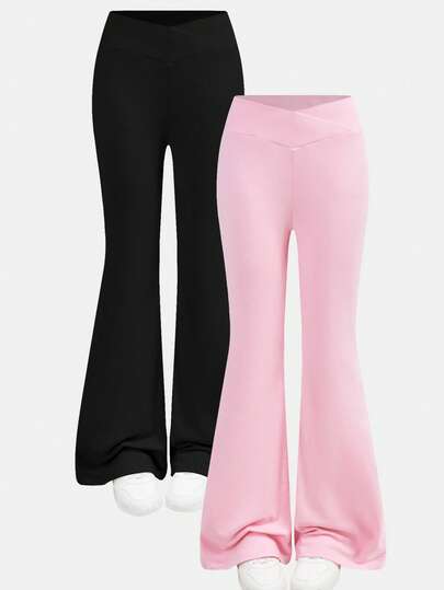 Girlism 2 pezzi/set Leggings a zampa di elefante di base per ragazze adolescenti, set di pantaloni casual skinny a zampa con design a vita incrociata in nero e rosa