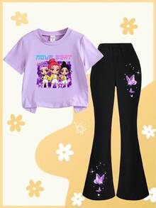 2pcs/Set Young Girls Casual Virtual Girl Group Colorful Plaid Pentagram Butterfly Letter Print Short Sleeve T-Shirt And Black Flare Pants Set, Suitable For Daily Wear - White - View 3