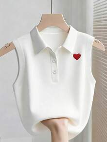 Resyla Women's Casual Everyday Commute Versatile Heart Embroidery Polo Neck Tank Top, Summer - Multicolor - View 5