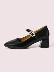 CUCCOO DOLLMOD Tacones altos de estilo Mary Jane con punta redonda, hebilla de strass y cuero patentado negro, un estilo dulce y lindo para el campus, versátil para looks de citas - Negro - Ver 4