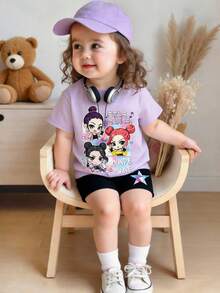 SHEIN 女婴休闲时尚街头卡通女孩乐队图案圆领短袖T恤和短裤套装，适合春夏穿着 - 彩色 - 查看 7