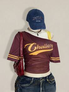 SHEIN ICON 大码女式字母印花短袖休闲不对称领二合一运动T恤 - 彩色 - 查看 8