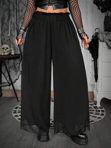Whyspr Plus Size Chiffon Comfortable Wide Leg Culottes, Suitable For Spring/Summer, Vacation And Daily Wear - Black - View 3