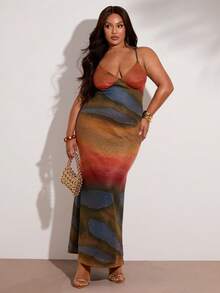 SHEIN BAE Plus Size Women Backless Knitted Multi-Color Pattern Dress,Autumn/Winter Solid Color, Tie-Dye, Printed Long Sleeve Maxi Dress, Elegant Sexy Backless Halter Neck Bodycon Dress, Suitable For Formal Occasions, Cocktail Parties, Clubs,Party Dresses For Women,Valentine's Day,Valentine Outfits For Women - Multicolor - View 3