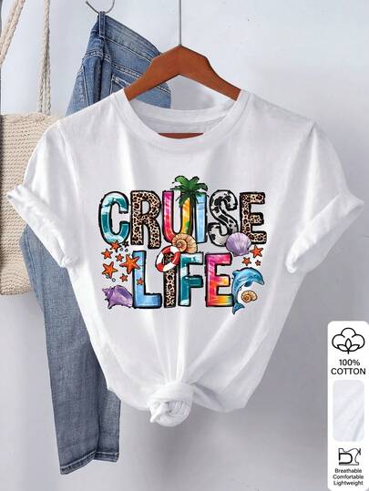 SHEIN Camiseta casual de mujer de manga corta y cuello redondo con estampado de moda, para verano