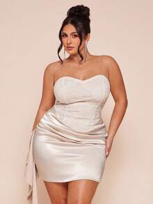 SHEIN BAE 大码女士性感蕾丝拼接缎面连衣裙，春夏款 - 香檳色 - 查看 5