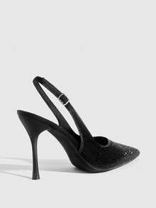 CUCCOO SZL 女士时尚尖头细跟黑色水钻后跟提拉性感宴会派对女士高跟鞋露跟鞋女鞋 - 黑色 - 查看 3