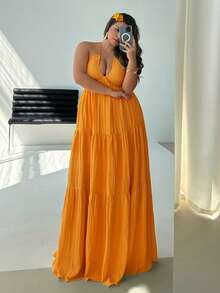 Firerie 大码女士雪纺露背吊带连衣裙，后背系带，适合度假、婚礼、外出、海滩约会 - 黃色 - 查看 2