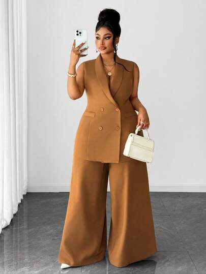 Maweii Conjunto de blazer sin mangas de solapa doble botonadura y pantalones de pierna ancha de unicolor, elegante y casual para mujer talla grande, otoño/invierno