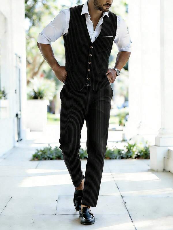 Manfinity Bizformal Ensemble de gilet et pantalon rayés, style gentleman britannique classique et décontracté