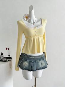 Sweetra Áo thun kiểu sinh viên Y2K đa năng, thoải mái, phù hợp đi làm và đi nghỉ mát, phối ren. - màu đen - Xem 2