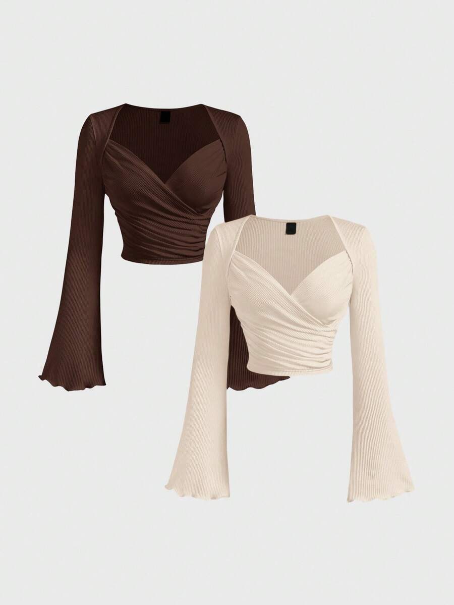 SHEIN MOD 2 chiếc áo thun dài tay nữ màu trơn, kiểu dáng xếp ly, thanh lịch. - màu nâu - Xem 1