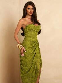 SHEIN BAE 春夏纯色绿色提花编织吊带系带连衣裙，侧边高开衩，性感优雅，适合度假、约会、音乐节、生日、早午餐、婚礼宾客、伴娘等场合。 - 綠色 - 查看 5