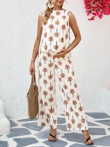 SHEIN 孕妇棕榈树印花吊带背心和裤子休闲两件套 - 彩色 - 查看 6