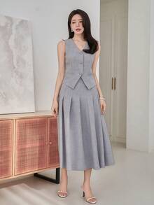 DAZY 女士优雅纯色V领仿口袋褶裥背心和半裙两件套，夏季婚礼宾客礼服 - 藍色 - 查看 3