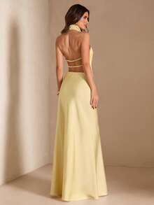 SHEIN BAE 女士黄色缎面露背吊带上衣和中低腰鱼尾裙，黄色两件套，优雅两件套 - 黃色 - 查看 1
