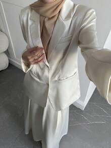 DAZY Women's Casual Solid Color Blazer Jacket And Skirt Suit Set, Spring/Summer - Beige - View 8