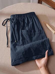 EMERY ROSE Quần short nữ cỡ lớn, màu trơn, cạp chun, có túi, dáng rộng, thoải mái. - Màu xanh hải quân - Xem 4