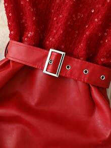 GlowEve Women's Elegant Sequin & Faux Leather Patchwork Ruched Bodycon V-Neck Dress, Slimming Fit, Autumn/Winter - Red - View 8