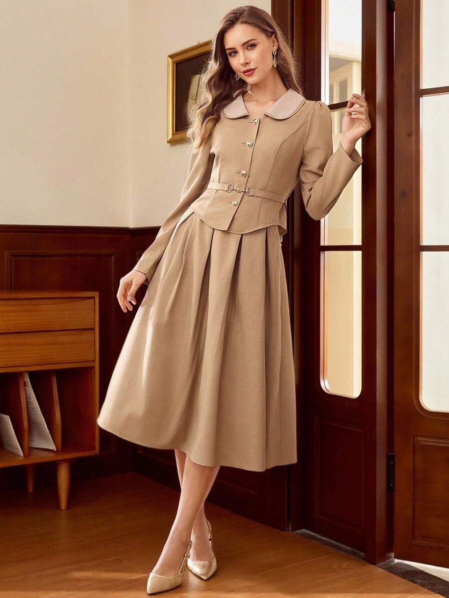 Vintamour Bộ đồ nữ cổ điển kiểu sinh viên, gồm 2 món, cổ áo ôm sát, thắt lưng và cúc kim loại, màu kaki. - Màu Khaki - Xem 1