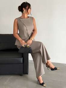 Firerie Women's Elegant Commuting Daily Versatile Street Fashion New Asymmetric Lapel Button Waist Sleeveless Blazer Vest And High Waist Pants Khaki Gray 2-Piece Suit Set, Autumn/Winter - Khaki - View 1
