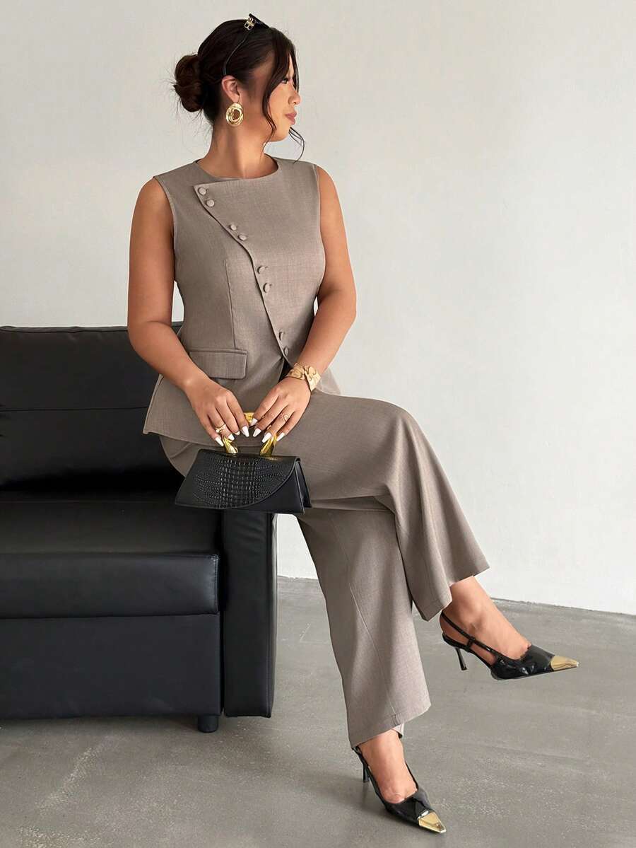 Firerie Women's Elegant Commuting Daily Versatile Street Fashion New Asymmetric Lapel Button Waist Sleeveless Blazer Vest And High Waist Pants Khaki Gray 2-Piece Suit Set, Autumn/Winter - Khaki - View 1