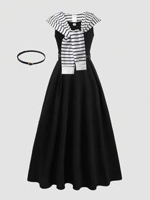 SHEIN 少女休闲度假通勤极简主义束腰伞裙连衣裙搭配条纹水手披肩 - 黑與白 - 查看 10