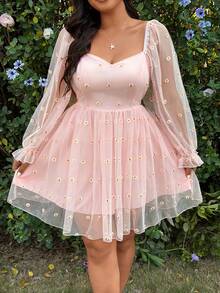 Sunnyshic Romantisches A-Linien-Kleid mit Raffungen, quadratischem Ausschnitt und Tüll-Gänseblümchen-Muster in Große Größen - Pink - Übersicht 3