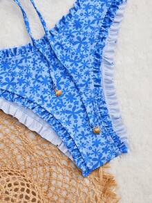 Swim Mod Women's Summer New Sexy Minimalist Floral Print Tie-Up Backless Bikini Set, Suitable For Beach Vacation - Blue - View 5