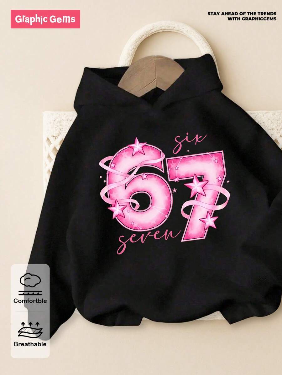 SHEIN GraphicGems Tween Girl Cozy Fall & Winter Styles Casual Fashion Creative Personalized Fresh Elegant Minimalist Numeric 67 Pink Ribbon Pentagram Letter Slogan Graphic Print Comfortable Sweatshirt, Suitable For Autumn/Winter - Black - View 1