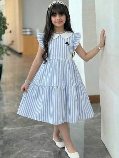 Tween Girl Elegant Patchwork Contrast Color Collared Sleeveless Dress