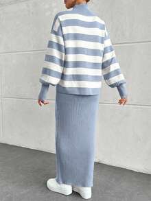 EURMUSE Striped Ribbed Knit Dress & Cardigan Co-Ord Set - Baby Blue - View 2