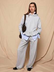 COUREZ Oversized Hoodie With Bubble Hem /Y2K Spring Cute Grey Hoodies For Women Going Out Party Streetwear Summer - Grey - View 2