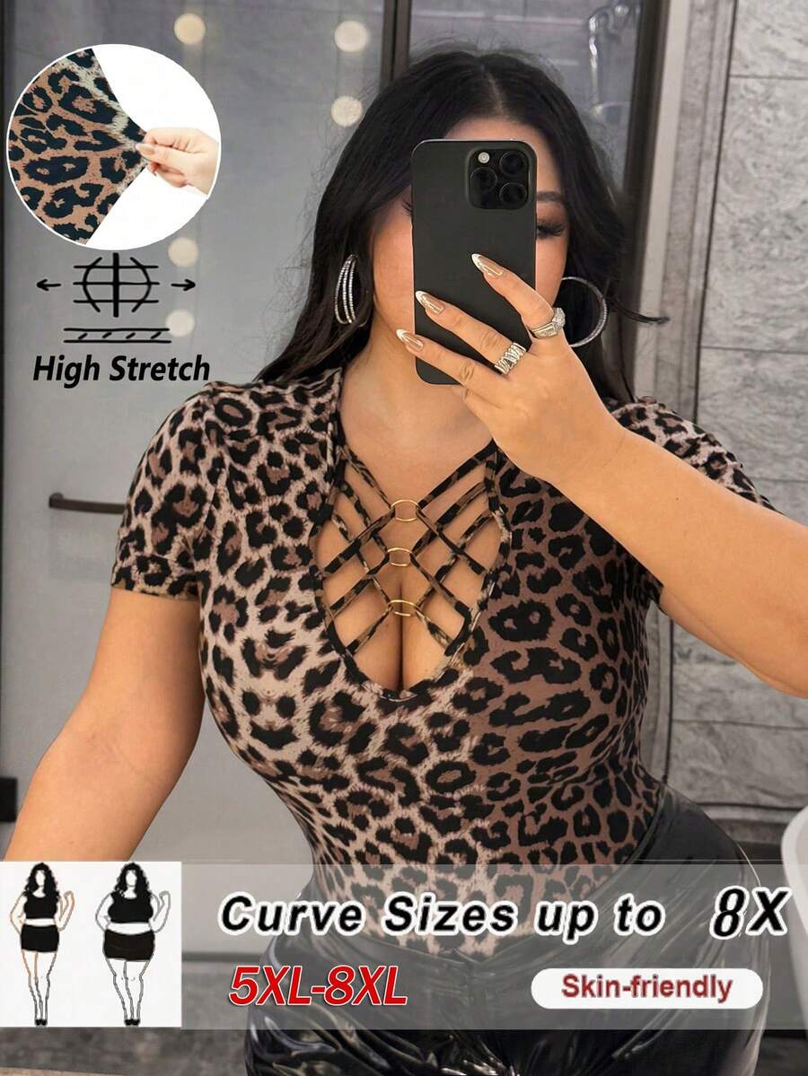 SHEIN CURVE+ 大码女式性感豹纹交叉镂空设计百搭紧身弹力面料派对夜店短袖上衣T恤 - 彩色 - 查看 1