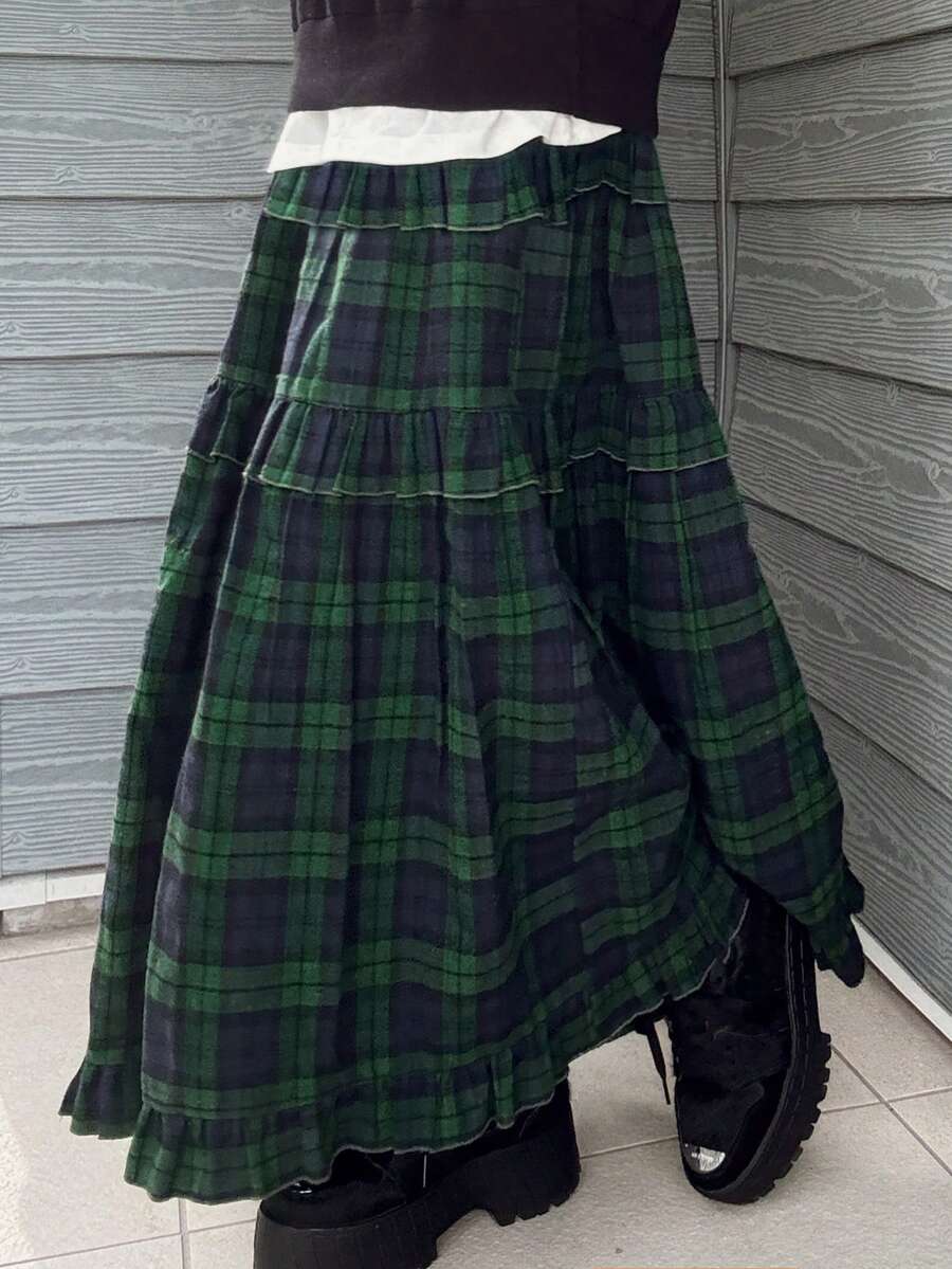 FRIFUL Women's Plaid Minimalist Casual Skirt - Navy Blue - View 1