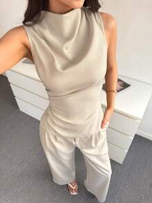 Modelyn Women's New Casual Elegant Simple Versatile Daily Commute Outfit, Featuring Pleated Waist Ruffle Trim, Asymmetric Hem, Stand Collar, Sleeveless, Soft & Comfortable Fabric Top/Tank - Khaki - View 4