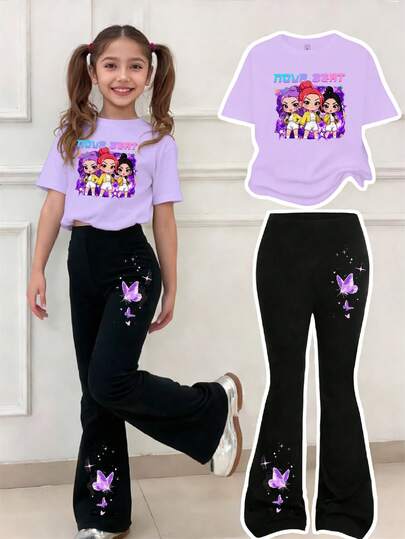 Set de 2 piezas de camiseta de manga corta con estampado de mariposa, estrella y letras, y pantalones acampanados negros, estilo informal para niñas jóvenes, adecuado para uso diario