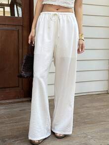 DAZY Pantalones de pierna ancha con cintura elástica y encaje de contraste, ropa casual de vacaciones para mujeres, primavera/verano - Blanco - Ver 5