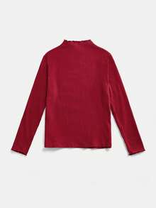 SHEIN EZwear Plus Size Red Ribbed Knit Stand Collar Long Sleeve T-Shirt - Red - View 2