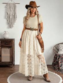 LanaWest Women's Spring/Summer Western Style Apricot Textured Knit Patchwork Lace Hem A-Line Dress - Apricot - View 6