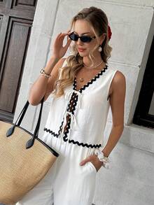 Pariaura Women's White And Black Summer Casual Holiday Vacation 2 Pieces Set,Wavy Strap Front Tie Sleeveless Vest And Flare Pants Outfit Two-Piece Set - White - View 5
