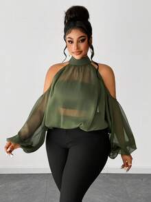 Maweii Áo kiểu nữ cỡ lớn màu trơn, trễ vai, tay phồng, thời trang. - xanh quân đội - Xem 6