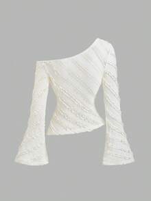 Sweetra Y2K Sexy Asymmetric Shoulder Textured Fabric Metal Buckle Pleated Asymmetrical Hem T-Shirt - Apricot - View 2