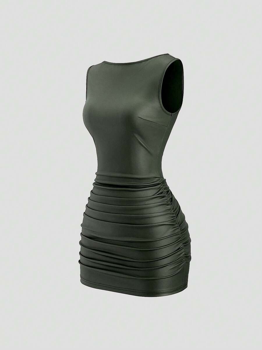 Sweetra New Fashion Wine Red Coated Elastic Fabric Off Shoulder Ruched Waist Slim Fit Mini Dress, High Neck Ruffle Detail, Suitable For Club Party, Cocktail, Commute, Daily Wear In Autumn/Winter Body Dress Army Green Dress Women - Army Green - View 1