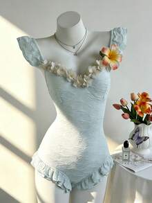 Elamini Women's Fashion Cap Sleeve Ruffle Trim 3D Floral Bodysuit - Blue - View 4