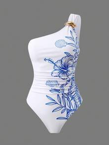 SHEIN Swim Oasis 2026新款女士两件套印花白色连体泳衣和网纱长裙沙滩度假优雅泳装套装 - 藍白色 - 查看 3